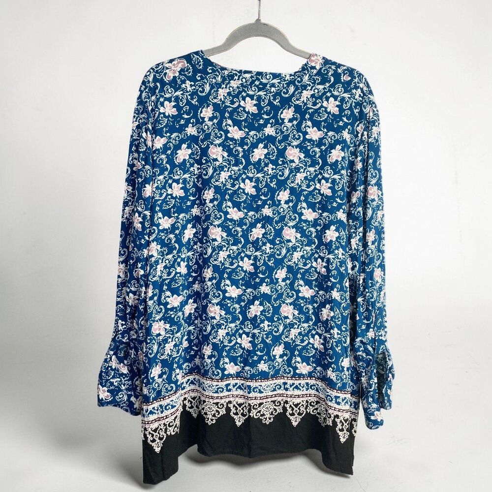 Cato Plus Size 14W 16W Peasant Tunic Top Blue Rayon Roll Tab Sleeve Boho V Neck - Picture 2 of 10